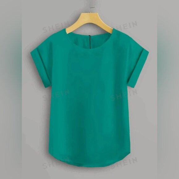 Plus Solid Roll Up Sleeve Blouse 1XL Teal 2/$14 or 3/$20 - Picture 1 of 4